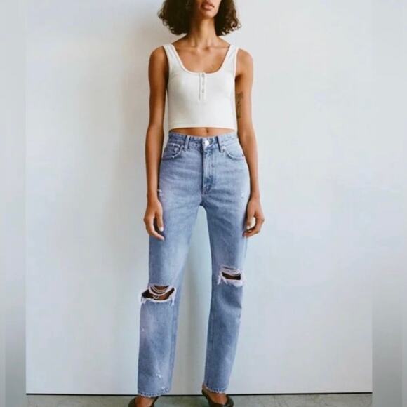 ZARA High Rise Distressed Rigid Straight Leg Jeans 2 - Picture 1 of 10